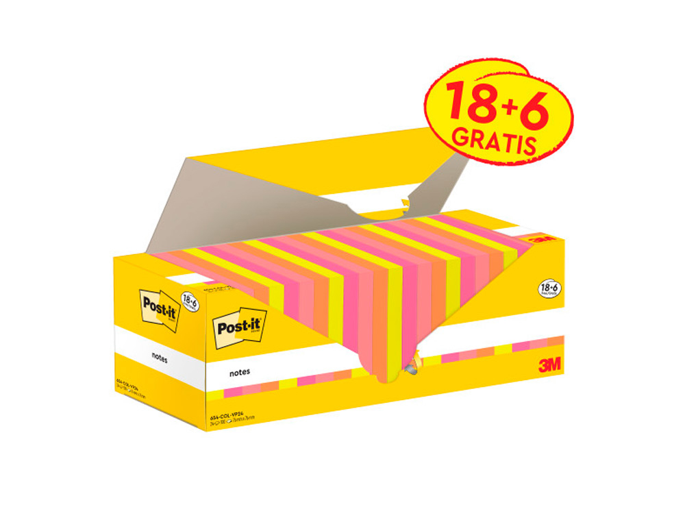 BLOCO DE NOTAS ADESIVAS POST-IT CORES SORTIDAS 76X76 MM COM 100 FOLHAS PACK DE 18+6 UNIDADES