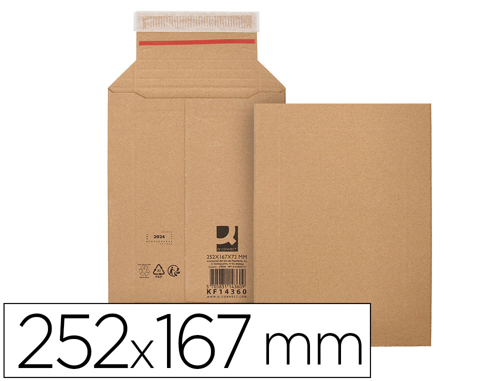 ENVELOPE PARA ENVIOS Q-CONNECT CARTAO 100% RECICLADO E RECICLAVEL FECHO AUTOADESIVO 252X167X72 MM COR KRAFT