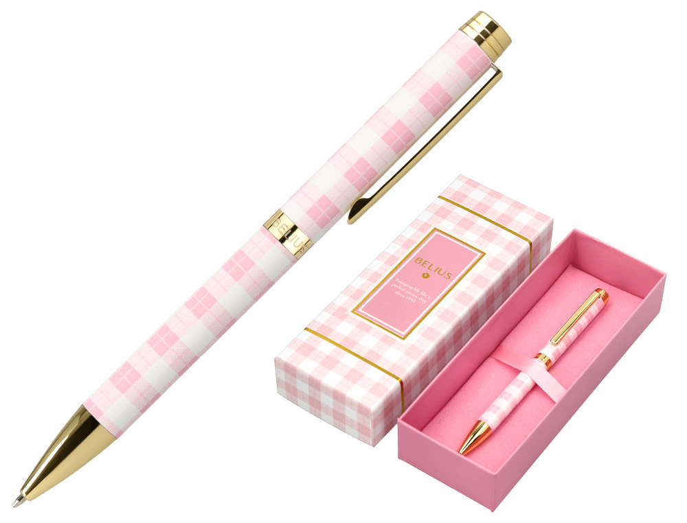 ESFEROGRAFICA BELIUS PICNIC ALUMINIO COR ROSA DOURADO TINTA COR AZUL CAIXA DE DESIGN