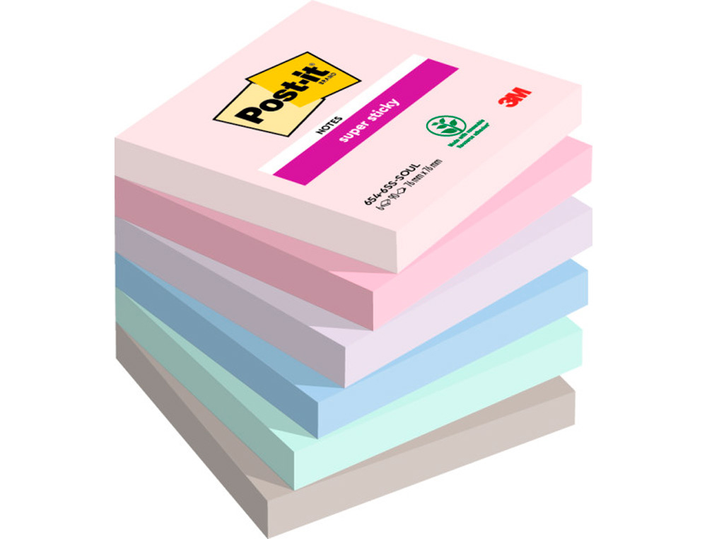 BLOCO DE NOTAS ADESIVAS POST IT SUPER STICKY SOULFUL 100% PEFC 76X76 MM PACK DE 6 BLOCOS CORES SORTIDAS