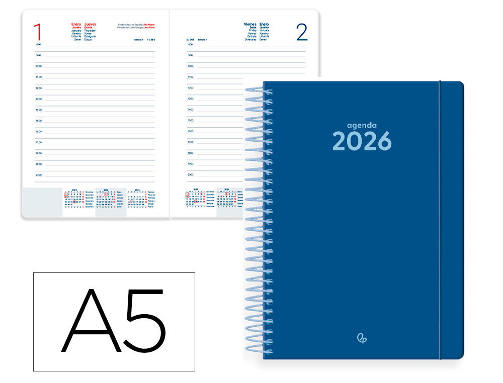 AGENDA ESPIRAL LIDERPAPEL CLASSIC A5 2026 DIA PAGINA AZUL ESCURO PAPEL 70 GR FSC