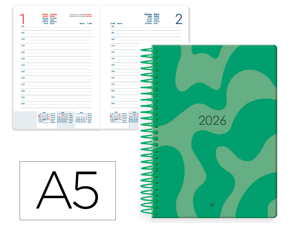 AGENDA ESPIRAL LIDERPAPEL SYROS 15X21 2026 DIA PAGINA VERDE MILITAR PAPEL 60 GR FSC