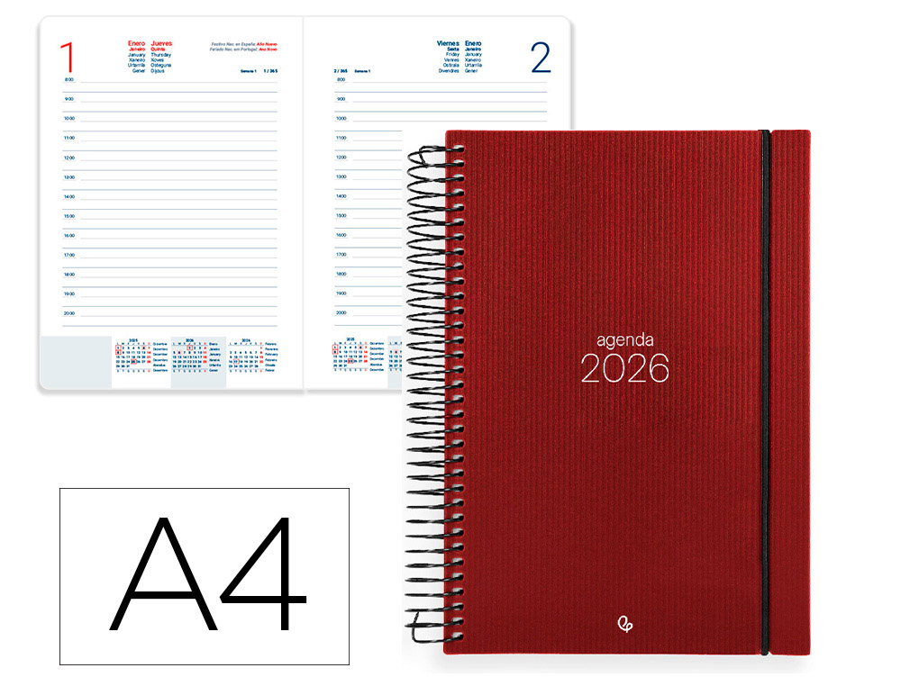 AGENDA ESPIRAL LIDERPAPEL OLBIA A4 2026 DIA PAGINA VERMELHO PAPEL 60 GR FSC