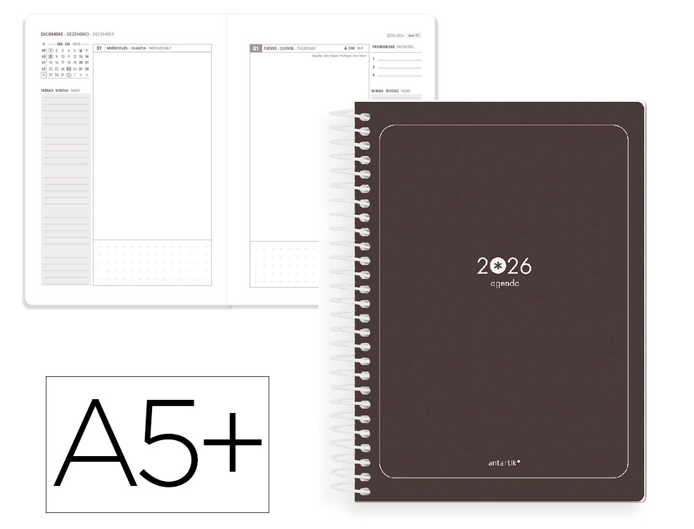 AGENDA ESPIRAL ANTARTIK ESSENTIALS A5+ 2026 DIA PAGINA PRETO PAPEL 80 GR FSC
