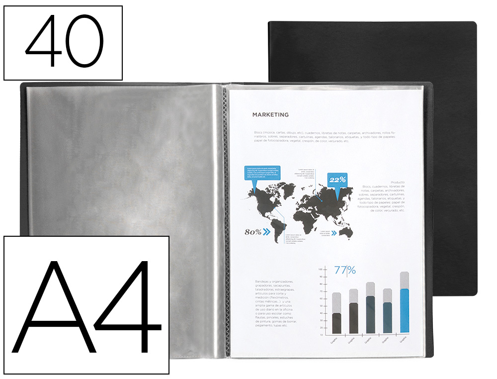CAPA CATALOGO LIDERPAPEL 40 BOLSAS POLIPROPILENO DIN A4 PRETO OPACO