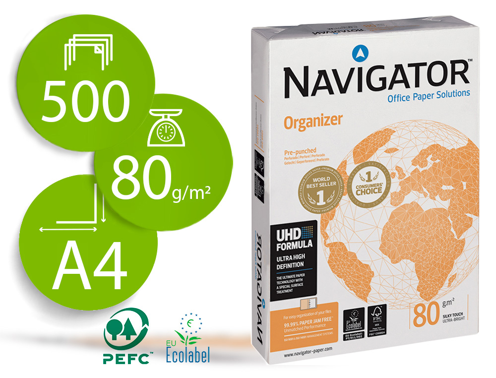 PAPEL FOTOCOPIA NAVIGATOR DIN A4 80 GR EMBALAGEM DE 500 FOLHAS