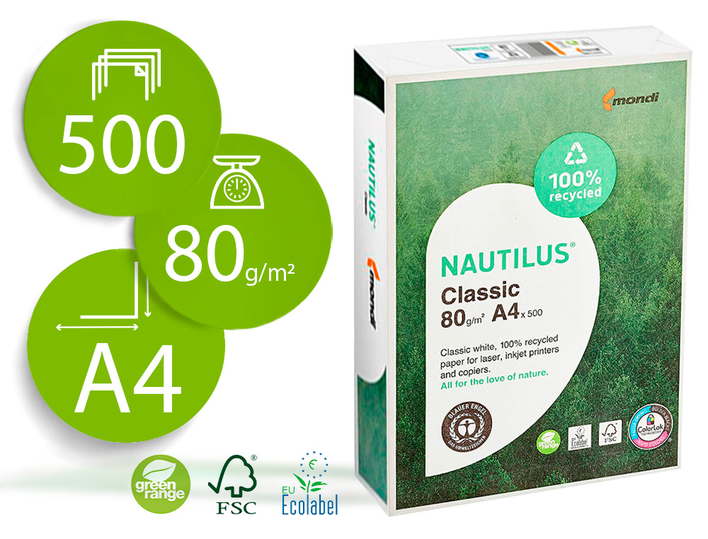 PAPEL FOTOCOPIA NAUTILUS DIN A4 80 GR EMBALAGEM DE 500 FOLHAS