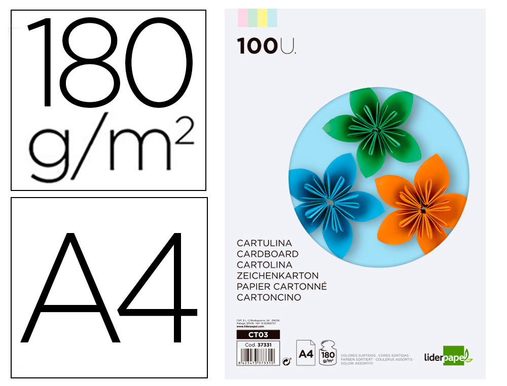 CARTOLINA LIDERPAPEL DIN A4 180 GR CORES SORTIDAS PACK DE 100 UNIDADES