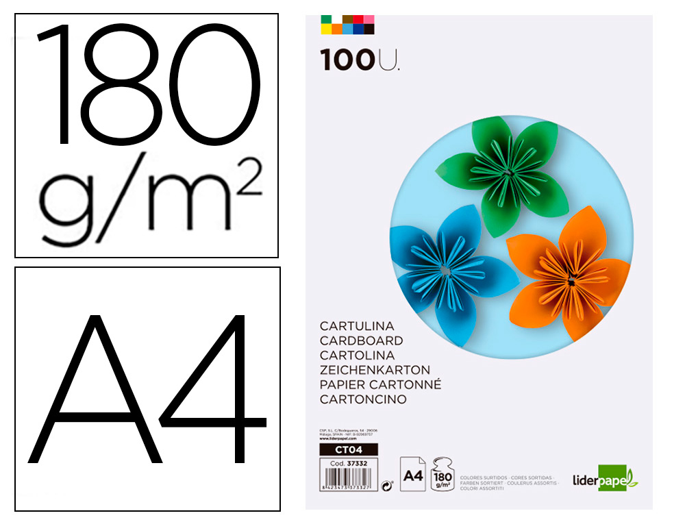 CARTOLINA LIDERPAPEL DIN A4 180 GR 10 CORES SORTIDAS PACK DE 100 UNIDADES