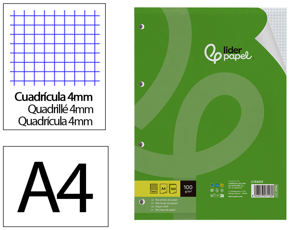 RECARGA LIDERPAPEL DIN A4 100 FOLHAS 100G/M2 QUADRICULA 4MM COM MARGEM 4 FUROS