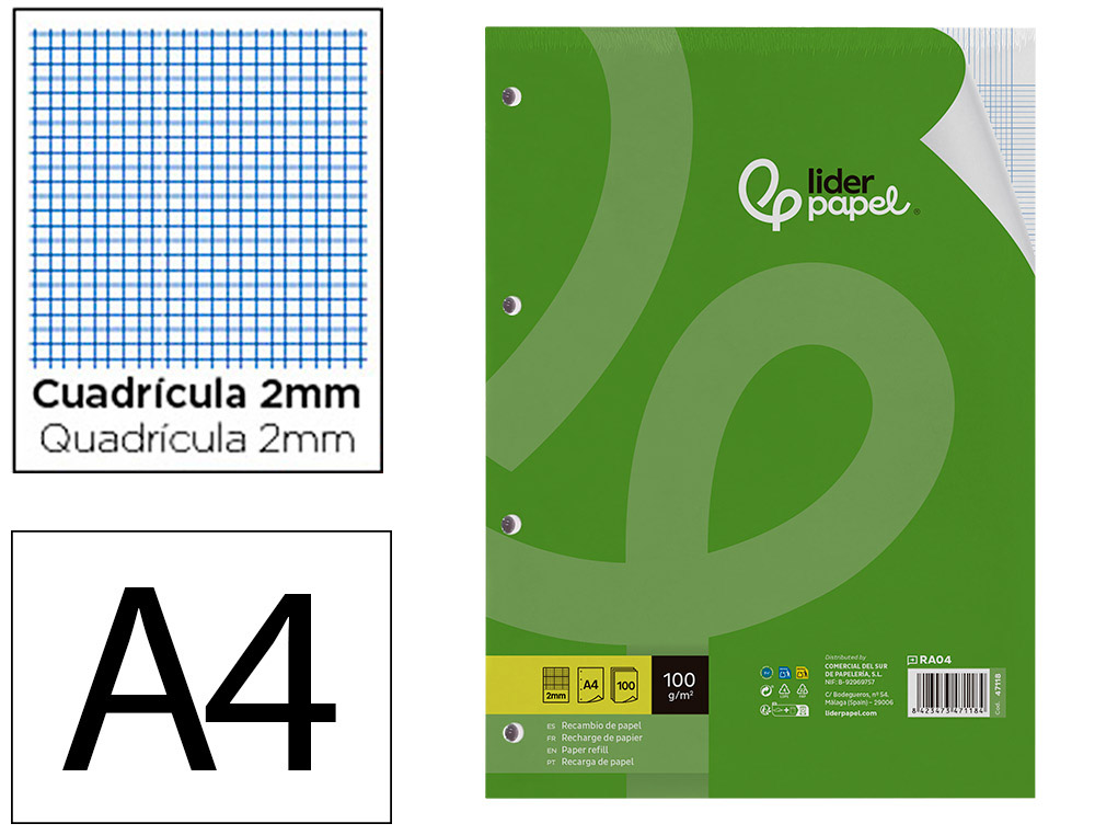 RECARGA LIDERPAPEL DIN A4 100 FOLHAS 100G/M2 QUADRICULA 2MM COM MARGEM 4 FUROS
