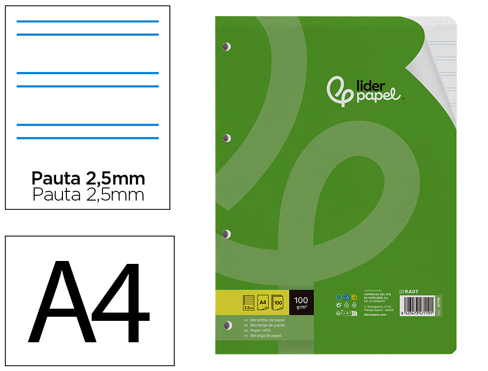 RECARGA LIDERPAPEL DIN A4 100 FOLHAS 100G/M2 PAUTADO 2.5MM COM MARGEM 4 FUROS