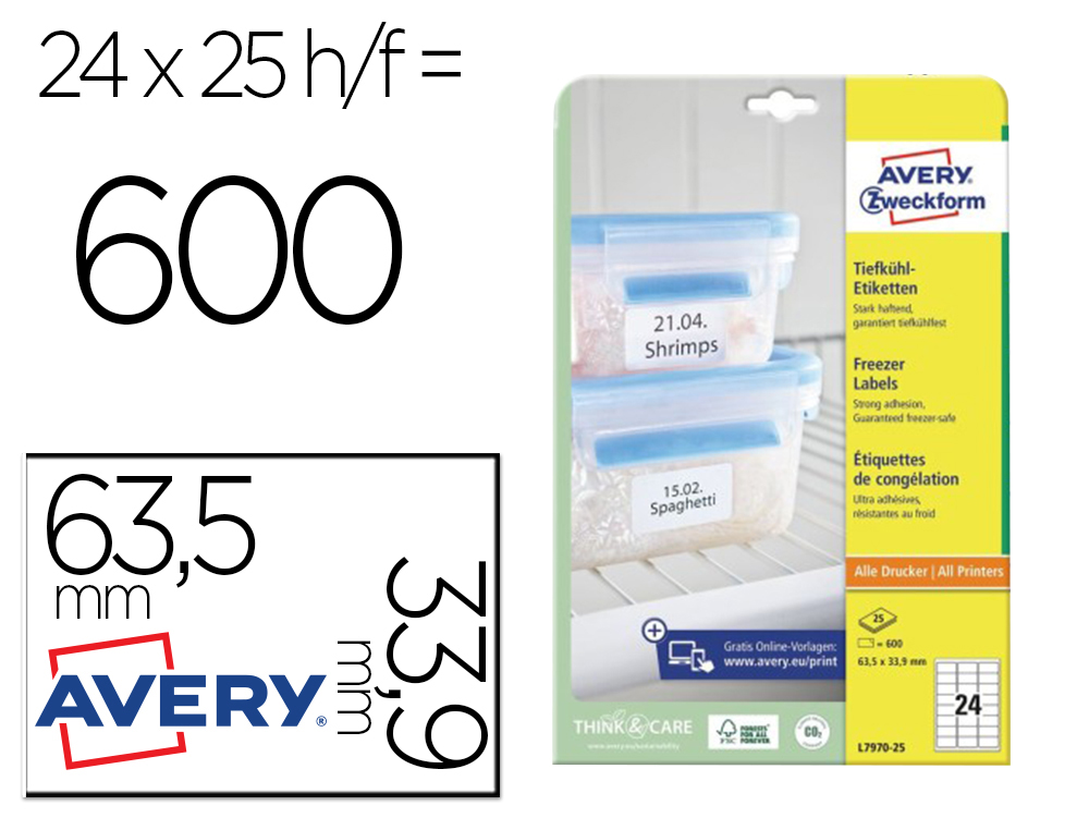 ETIQUETA ADESIVA AVERY PARA CONGELADOR BRANCA 63,5X33,9 MM TINTEIRO LASER E FOTOCOPIADORA PACK DE 600