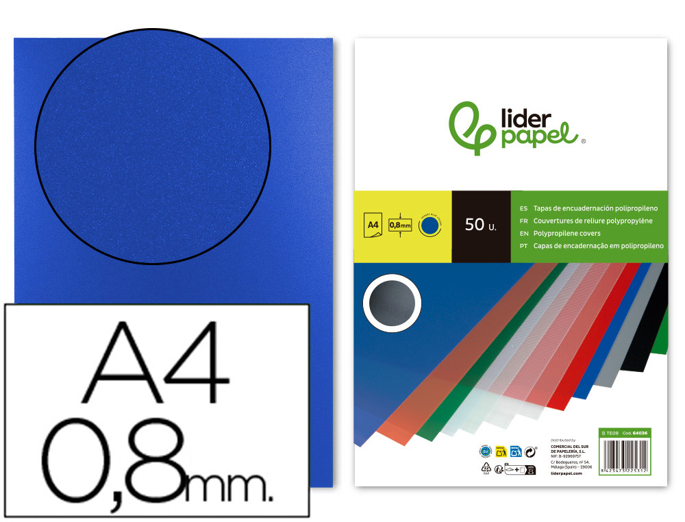CAPA DE ENCADERNACAO LIDERPAPEL POLIPROPILENO DIN A4 0.8 MM AZUL PACK DE 50 UNIDADES