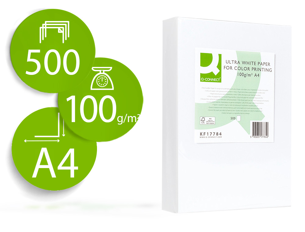 PAPEL FOTOCOPIA ULTRA WHITE Q-CONNECT DIN A4 100 GR EMBALAGEM DE 500 FOLHAS