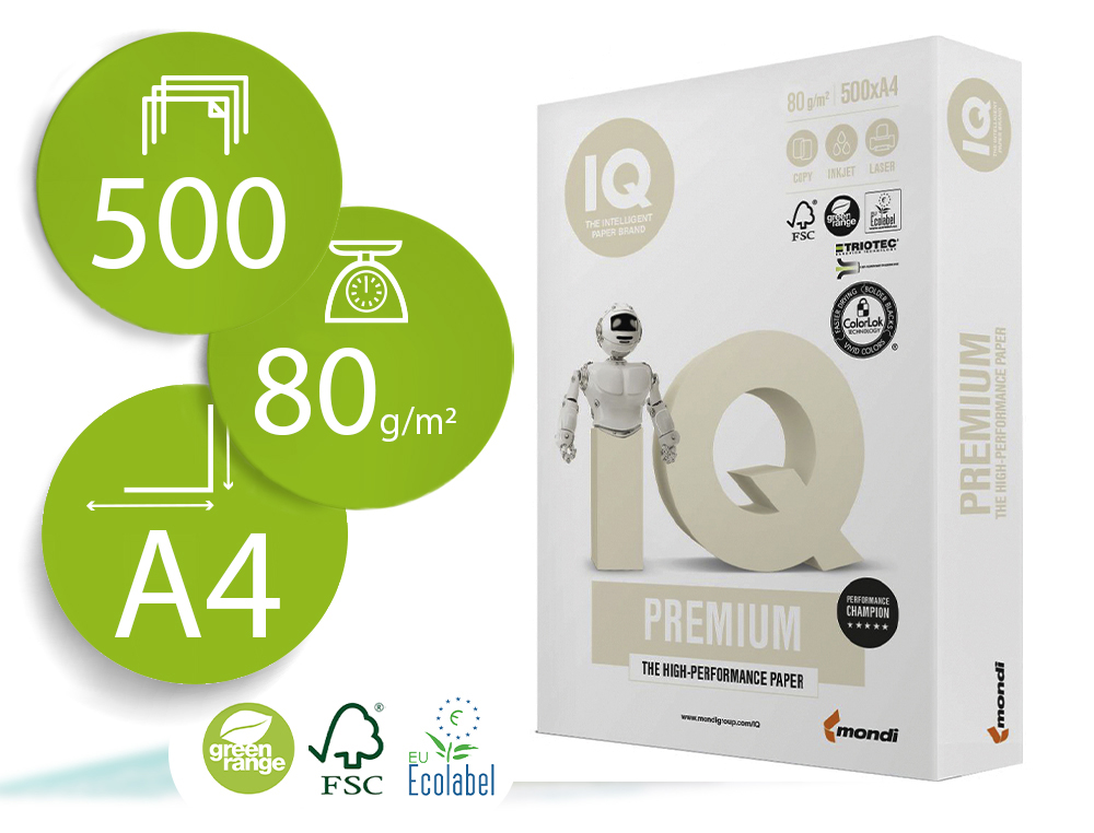 PAPEL FOTOCOPIA IQ PREMIUM DIN A4 80 GR EMBALAGEM DE 500 FOLHAS