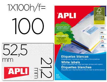 ETIQUETAS ADESIVAS APLI 1284 MEDIDAS 52,5 X 21,2 MM PARA FOTOCOPIADORA LASER TINTEIRO CAIXA COM 100 FOLHAS DIN A4