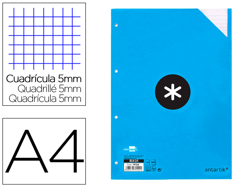 RECARGA COLADA ANTARTIK QUADRICULA DE 5 MM DIN A4 NATURAL 100 F 100 GR BANDAS DE 5 CORES