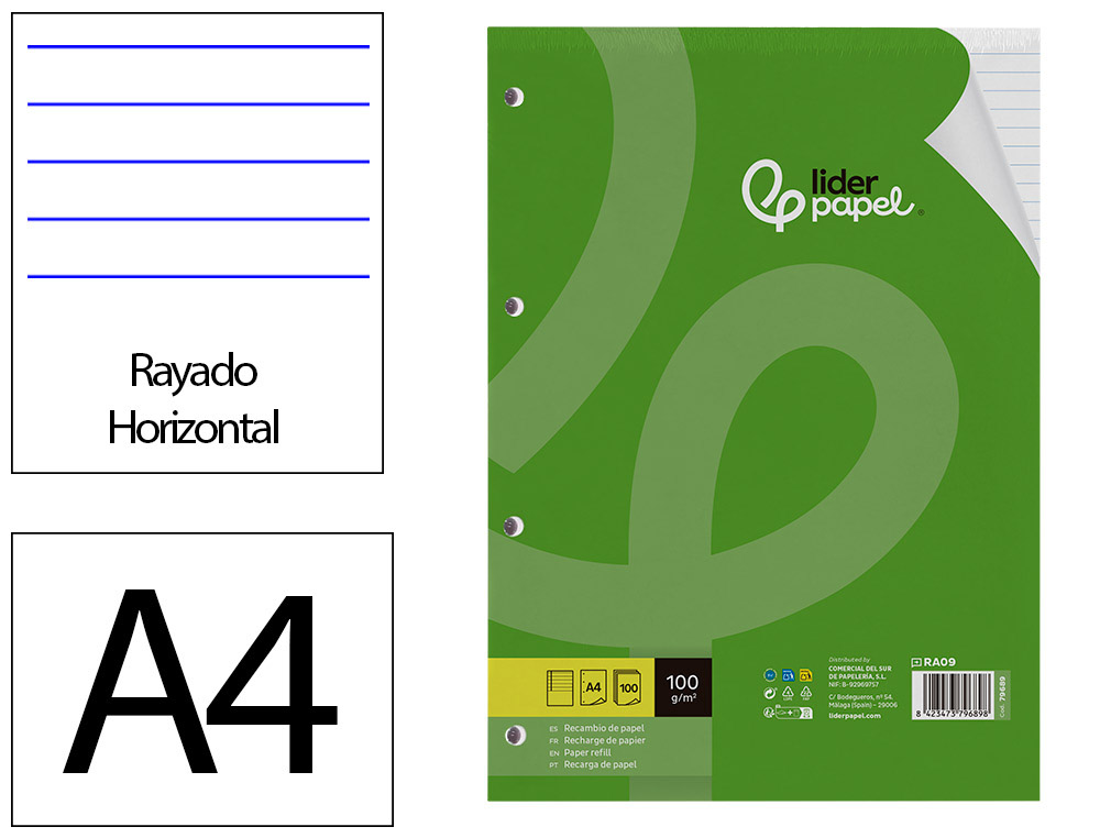 RECARGA LIDERPAPEL DIN A4 100 FOLHAS 100 G/M2 PAUTADO HORIZONTAL COM MARGEM 4 FUROS
