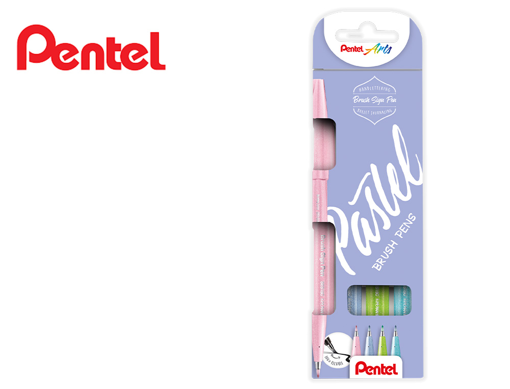 CANETA PINCEL PENTEL TOUCH EM BLISTER DE 4 CORES PASTEL AZUL CINZA AZUL PALIDO, VERDE E ROSA