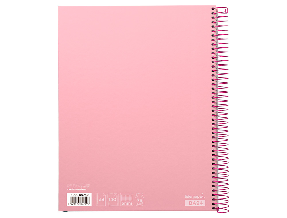CADERNO ESPIRAL LIDERPAPEL JOLLY MICRO DIN A4 CAPA FORRADA 140 F 75 GR QUADRICULA 5MM 5 BANDAS DE CORES 4 FUROS COR ROSA