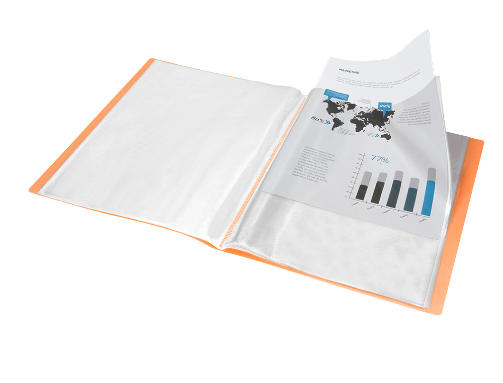 CAPA CATALOGO LIDERPAPEL 40 BOLSAS POLIPROPILENO DIN A4 LARANJA FLUOR OPACO