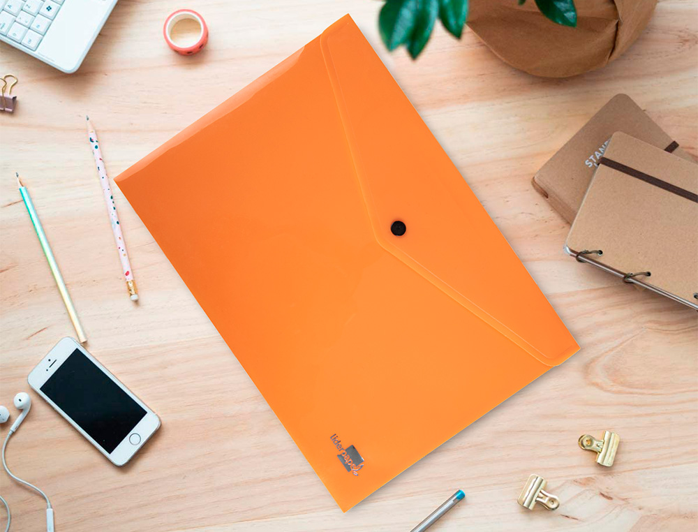 BOLSA PORTA DOCUMENTOS LIDERPAPEL COM MOLA DIN A4 LARANJA FLUOR OPACO 50 FOLHAS