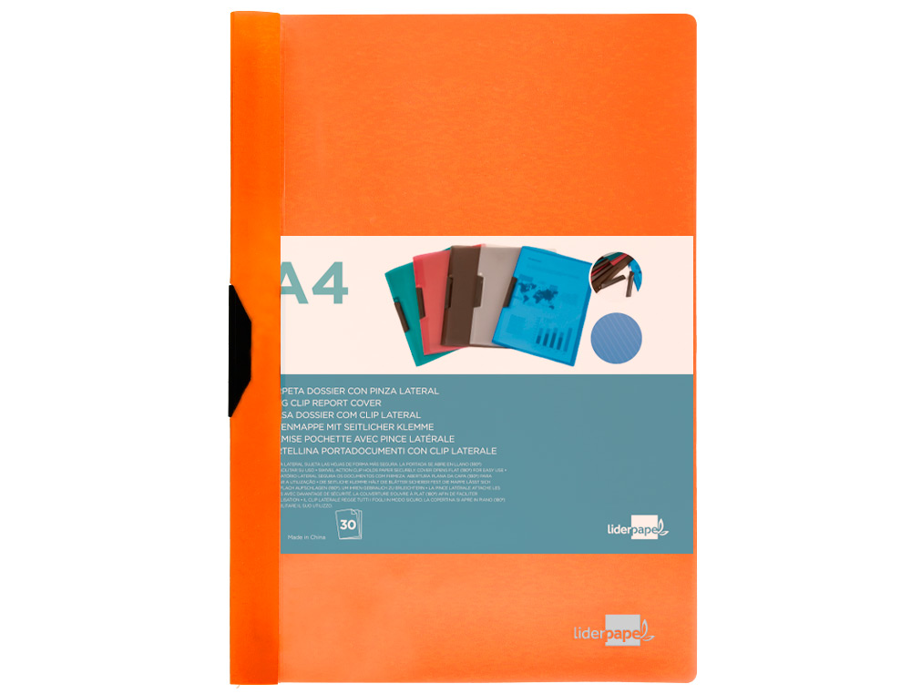 BOLSA DOSSIER LIDERPAPEL COM CLIP LATERAL DIN A4 LARANJA FLUOR OPACO 30 FOLHAS