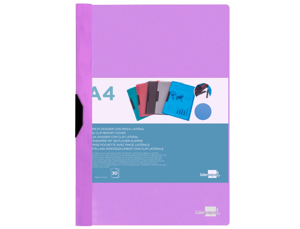 BOLSA DOSSIER LIDERPAPEL COM CLIP LATERAL DIN A4 LAVANDA OPACO 30 FOLHAS