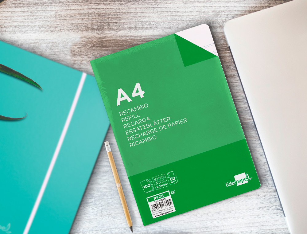 RECARGA LIDERPAPEL FOLIO 100 F 4TF-03 2 RAYAS PAUTA ESTRECHA 4 FUROS COM MARGEM