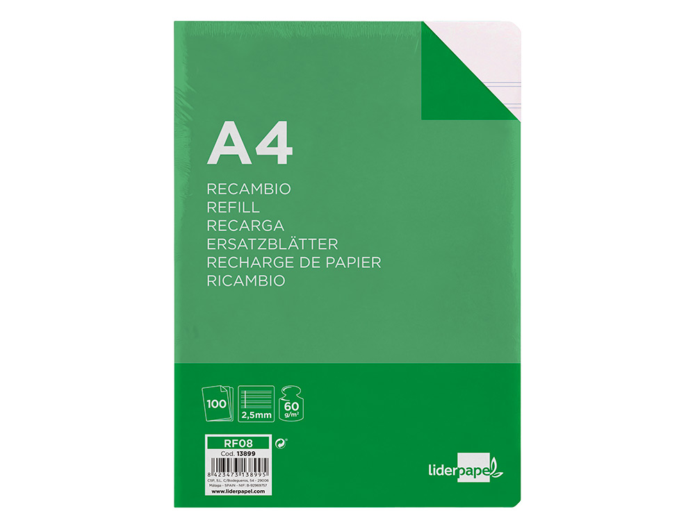 RECARGA LIDERPAPEL FOLIO 100 F 4TF-03 2 RAYAS PAUTA ESTRECHA 4 FUROS COM MARGEM