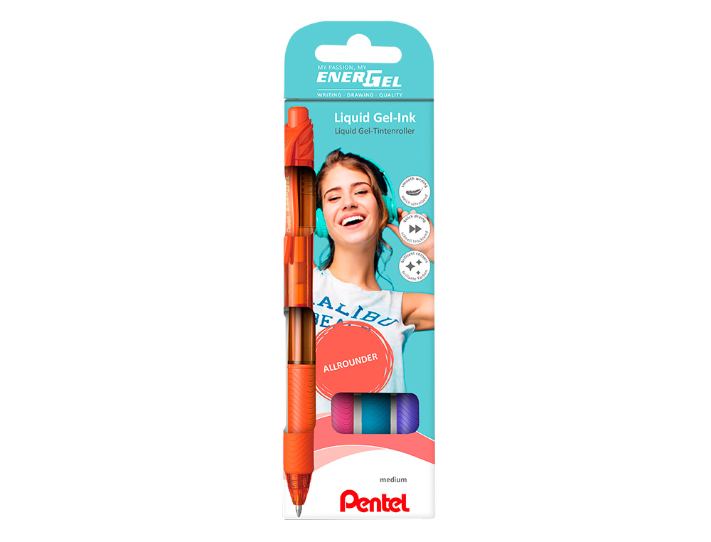 ROLLER PENTEL ENERGEL BL107 EM BLISTER DE 4 UNIDADES CORES LARANJA, ROXO, AZUL CEU E ROSA