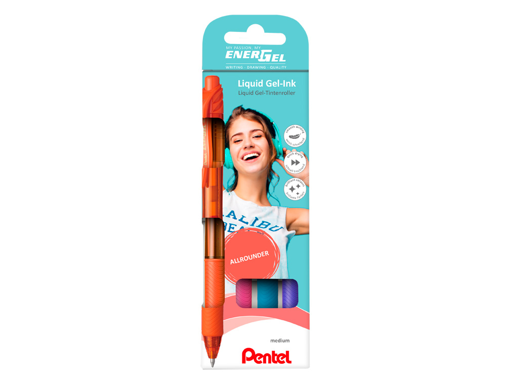 ROLLER PENTEL ENERGEL BL107 EM BLISTER DE 4 UNIDADES CORES LARANJA, ROXO, AZUL CEU E ROSA