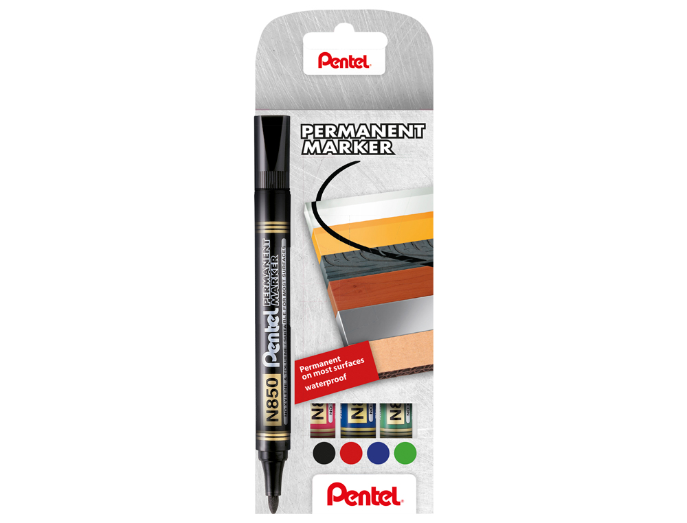 MARCADOR PENTEL N850 PERMANENTE EM BLISTER DE 4 UNIDADES CORES PRETO, VERMELHO, AZUL E VERDE