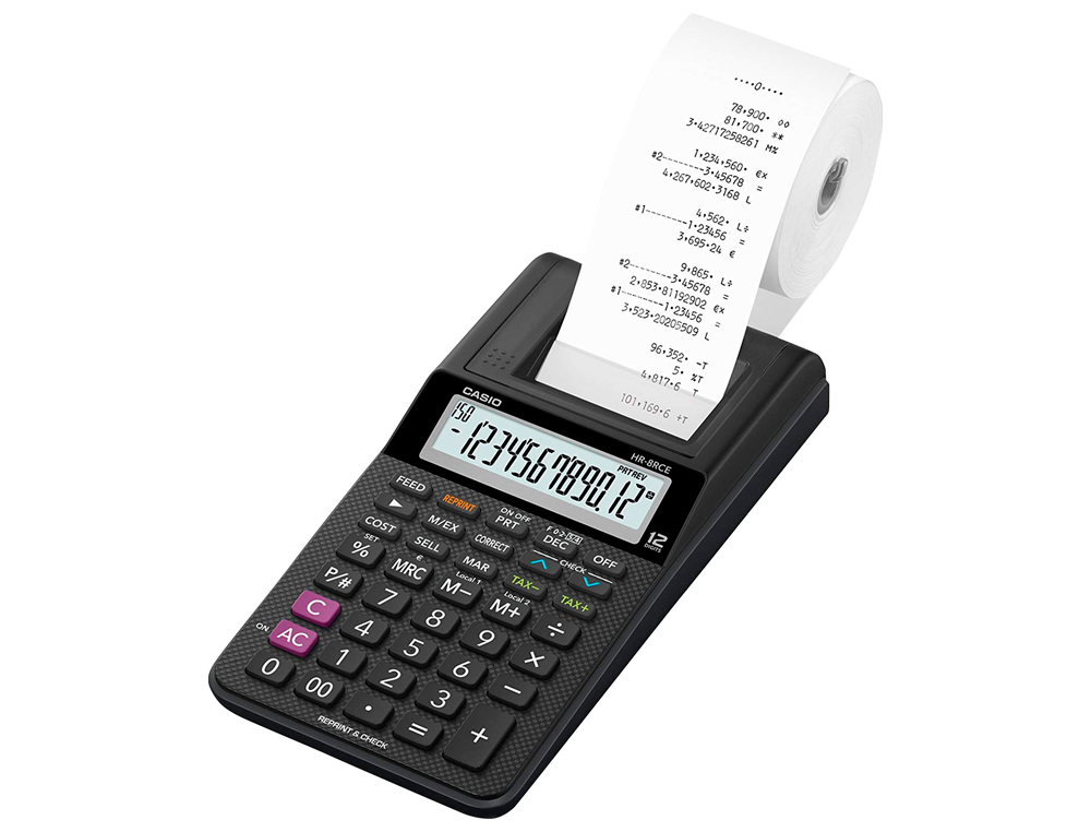 CALCULADORA CASIO IMPRESSORA VISOR LC PAPEL 58 MM HR-8RCE 12 DIGITOS AC/DC COR PRETA