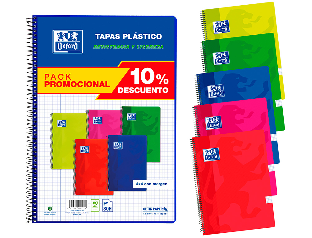 CADERNO ESPIRAL OXFORD CAPA PLASTICO FOLIO 80 FOLHAS QUADRICULA 4 MM PACK 4+1 UNIDADES CORES VIVAS