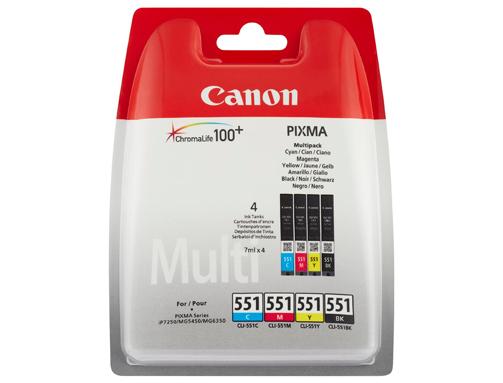 TINTEIRO CANON 551 C/M/Y/BK PIXMA IP8750 / IX6850 / MG5550 / MG6450 / MG7150 / MX725 / MX925 PACK 4 CORES