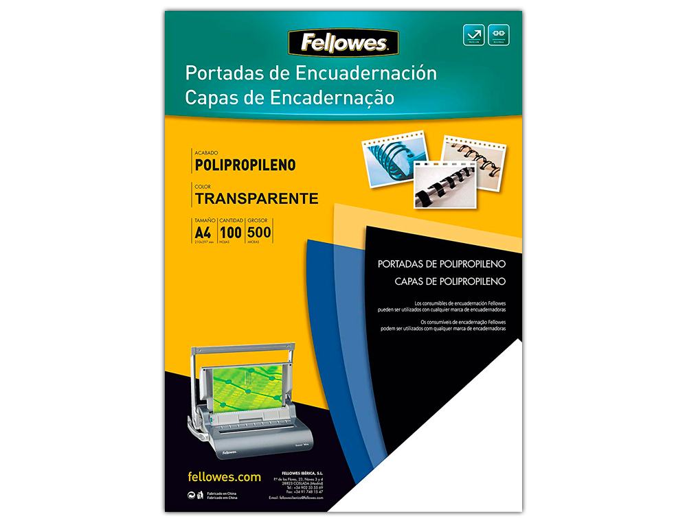 CAPA DE ENCADERNACAO FELLOWES POLIPROPILENO DIN A4 TRANSPARENTE 450 MICRONS PACK DE 100 UNIDADES