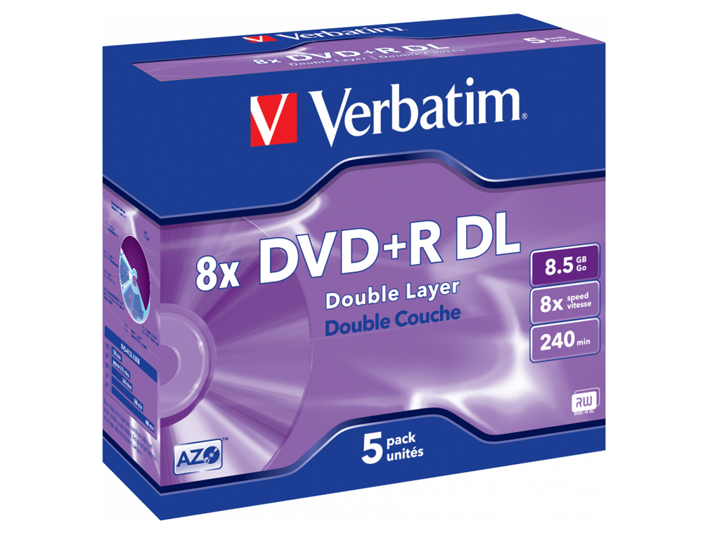 DVD+R VERBATIM DUPLA CAPA CAPACIDADE 8.5GB VELOCIDADE 8X 240 MIN PACK DE 5 UNIDADES