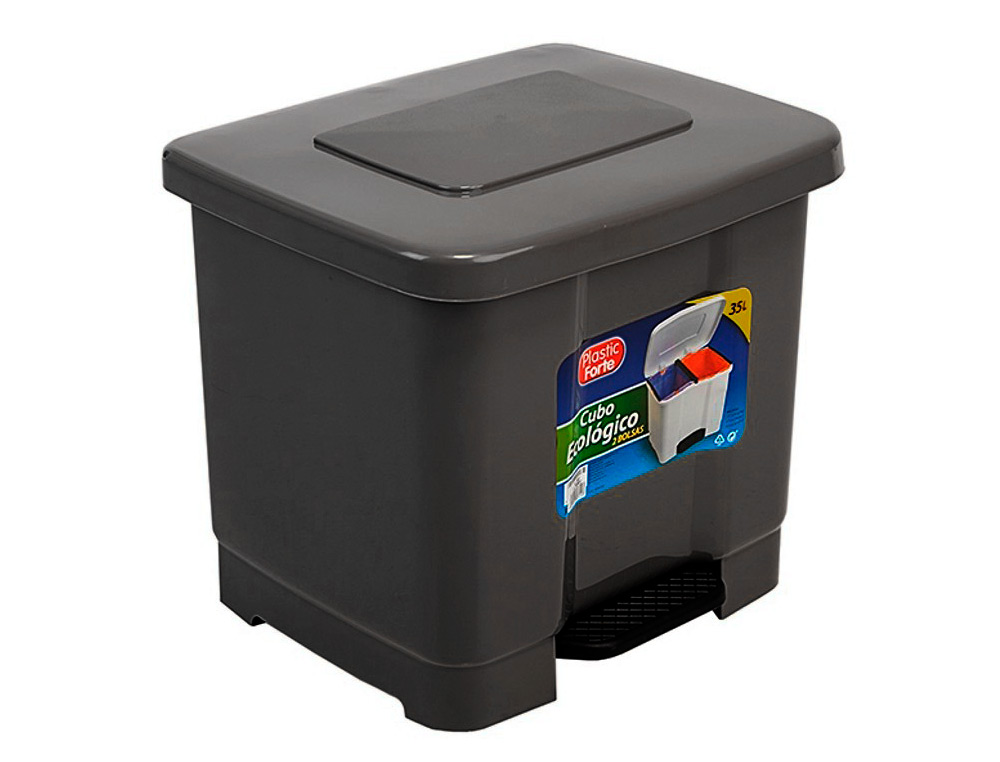 CONTENTOR PLASTICFORTE PLASTICO COM PEDAL 2 COMPARTIMENTOS 35 LITROS CINZA ESCURO