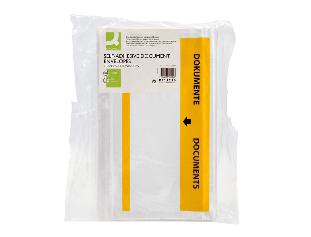 ENVELOPE AUTOADESIVO Q-CONNECT PORTA DOCUMENTOS MULTILINGUE 225X122 MM JANELA TOTALMENTE TRANSPARENTE PACK DE 1000 UNIDA
