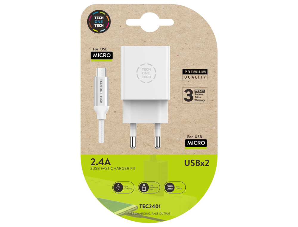 CARREGADOR TECH ONE TECH 2.4 DUPLO USB + CABO BRAIDED NYLON MICRO USB ANDROID COMPRIMENTO 1 MT COR BRANCO