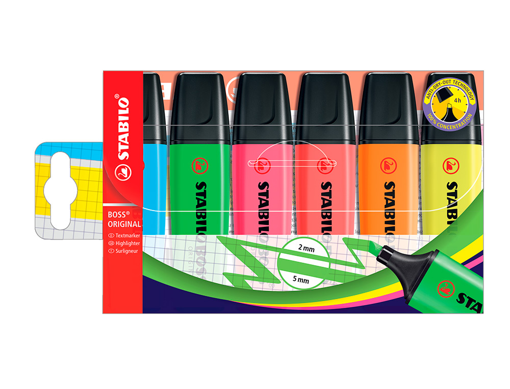 MARCADOR FLUORESCENTE STABILO BOSS 70 ESTOJO DE 6 UNIDADES CORES SORTIDAS