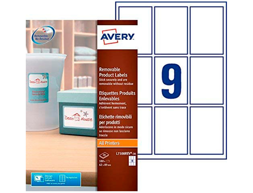 ETIQUETA ADESIVA AVERY REMOVIVEL PARA IMPRESSORA LASER INJEÇÃO DE TINTA E FOTOCOPIADORA BRANCA 62X89 MM