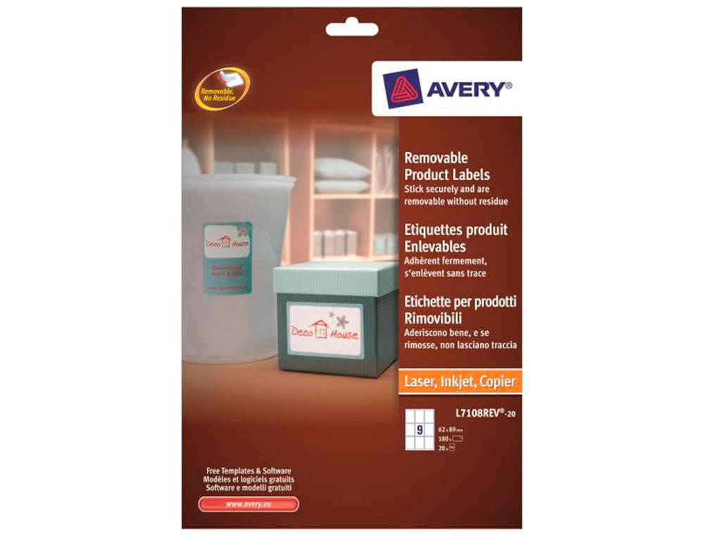 ETIQUETA ADESIVA AVERY REMOVIVEL PARA IMPRESSORA LASER INJEÇÃO DE TINTA E FOTOCOPIADORA BRANCA 62X89 MM
