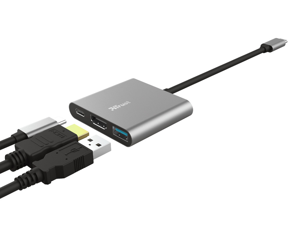 ADAPTADOR TRUST DALYX 3 EM 1 MULTIPORT USB-C / USB-A USB-C HDMI 2.0 COR ALUMINIO