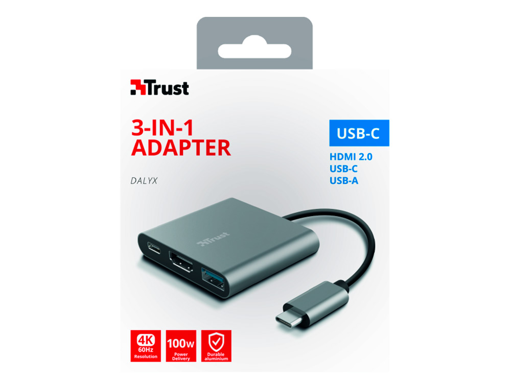 ADAPTADOR TRUST DALYX 3 EM 1 MULTIPORT USB-C / USB-A USB-C HDMI 2.0 COR ALUMINIO