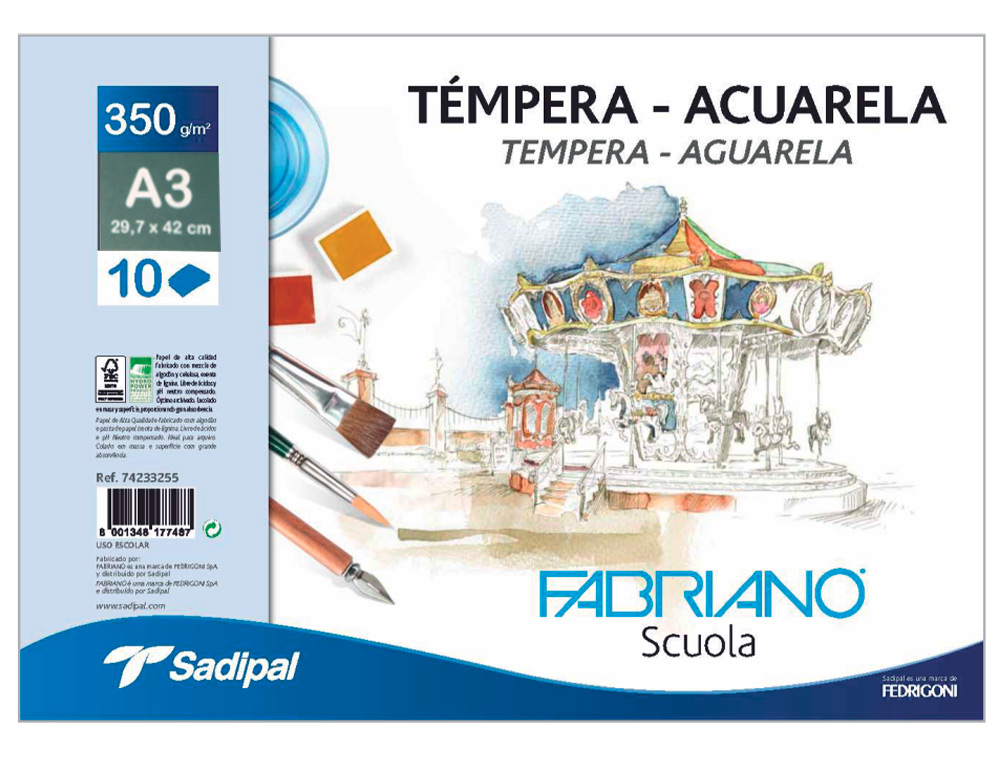 BLOCO DE DESENHO AGUARELA SADIPAL FABRIANO COLADO DIN A3 10 FOLHAS 350 G/M2 GRAO SUAVE