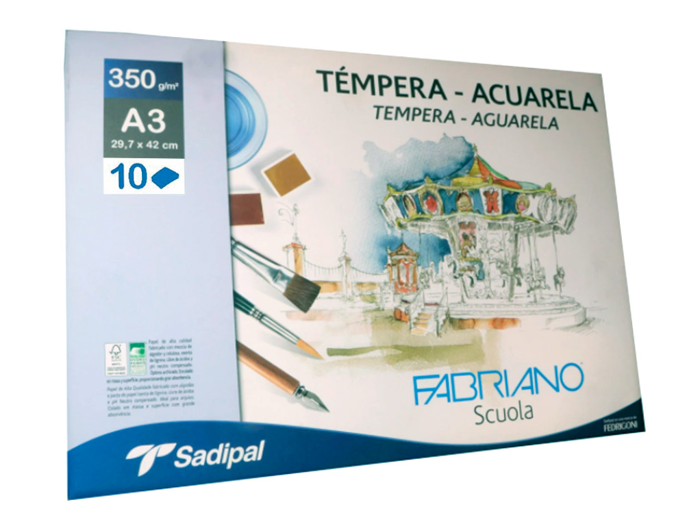 BLOCO DE DESENHO AGUARELA SADIPAL FABRIANO COLADO DIN A3 10 FOLHAS 350 G/M2 GRAO SUAVE