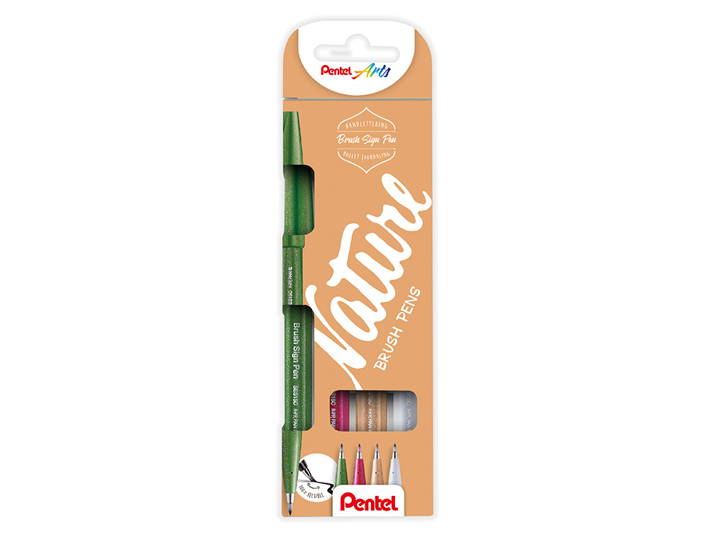 CANETA PINCEL PENTEL TOUCH EM BLISTER DE 4 CORES NATURE CINZA CLARO VERDE AZEITONA CASTANHO PALIDO E BUGUNDY